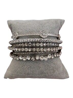 Silver Tone Rhinestone Bracelet Lot 6 Piece Set | Tennis, Stretch & Bangle Style